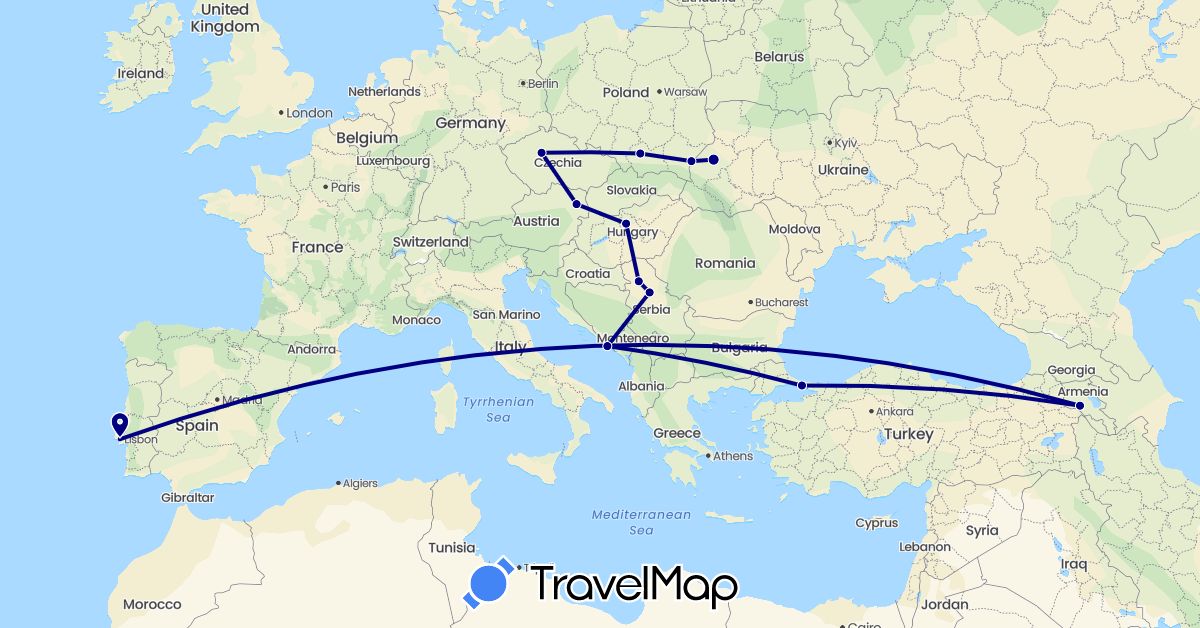 TravelMap itinerary: driving in Armenia, Austria, Czech Republic, Croatia, Hungary, Poland, Portugal, Serbia, Turkey, Ukraine (Asia, Europe)